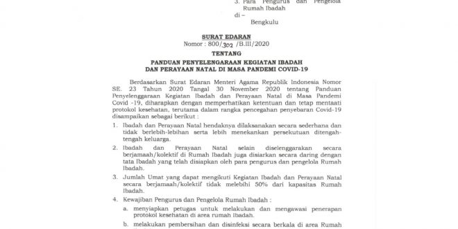 Ini Isi SE Walikota Bengkulu Tentang Panduan Penyelenggaraan Kegiatan Ibadah dan Perayaan Natal Yang Wajib Dipatuhi