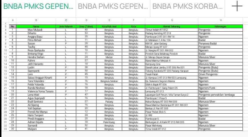 Data Gepeng, Badut dan Manusia Silver yang terjaring razia di kota Bengkulu