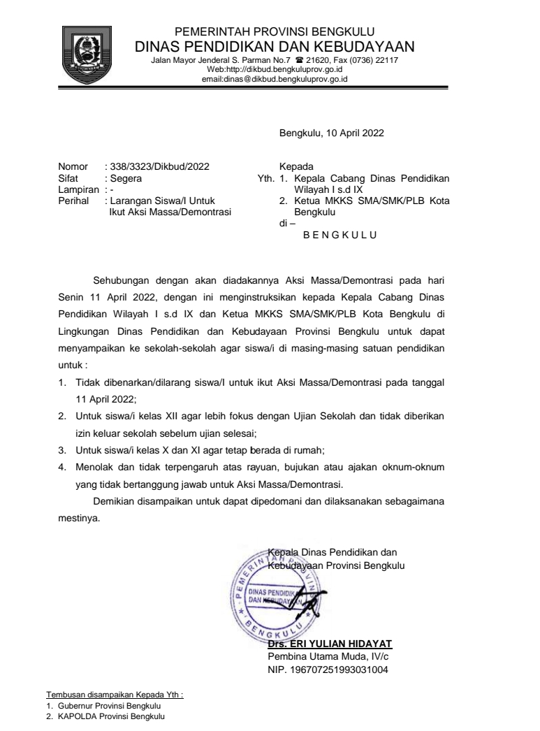 Surat edaran Dikbud Prov bkl