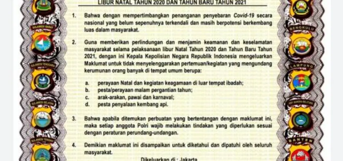 Cegah Kerumunan Nataru Polda Bengkulu Terapkan Maklumat Kapolri