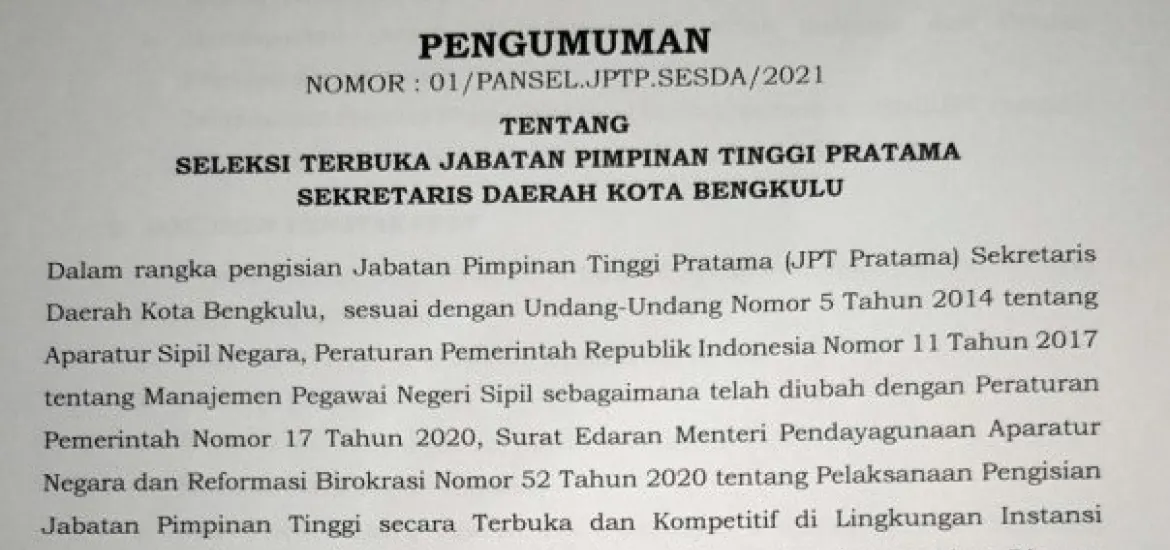 Pemerintah Kota Buka Lelang Jabatan Sesda