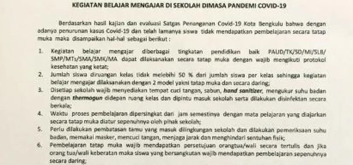 Terbit Surat Edaran Baru, Pemerintah Kota Bengkulu Izinkan Sekolah Tatap Muka