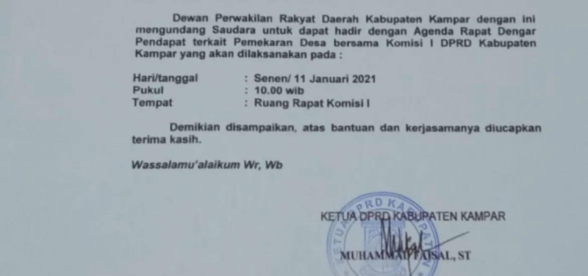 Komisi I DPRD Kampar Gelar Rapat Pembahasan Pemekaran Desa