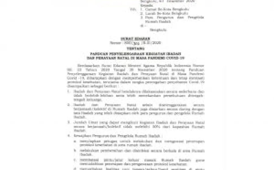 Ini Isi SE Walikota Bengkulu Tentang Panduan Penyelenggaraan Kegiatan Ibadah dan Perayaan Natal Yang Wajib Dipatuhi