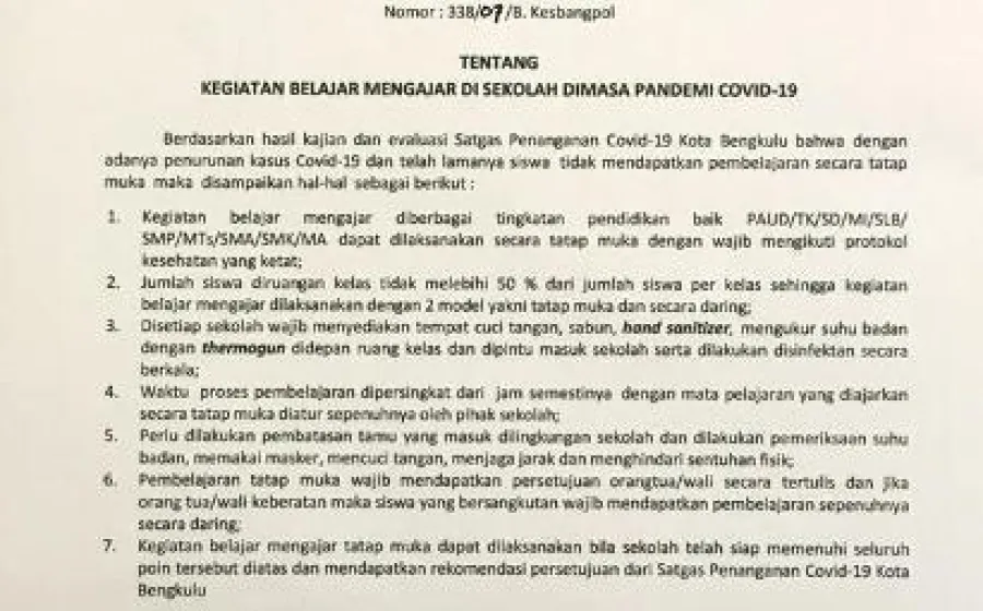 Terbit Surat Edaran Baru, Pemerintah Kota Bengkulu Izinkan Sekolah Tatap Muka